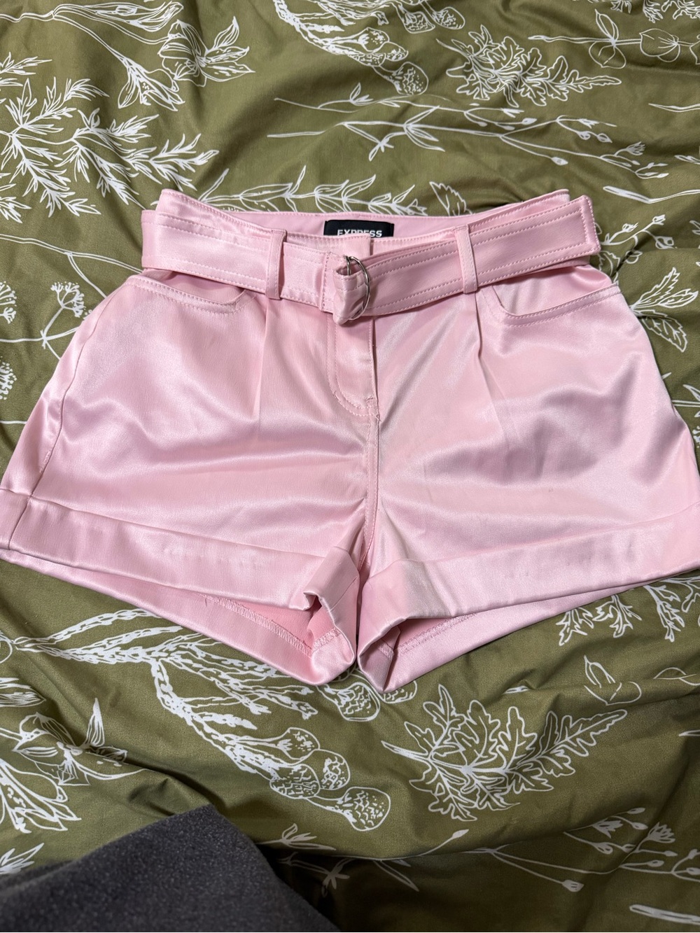 Express Light Pink Satin High-Waist Belted Shorts